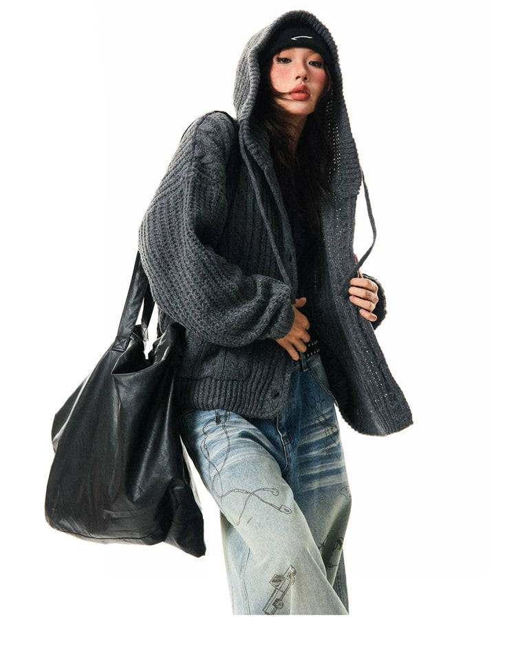 Hooded Button Oversize Cable Knit Cardigan