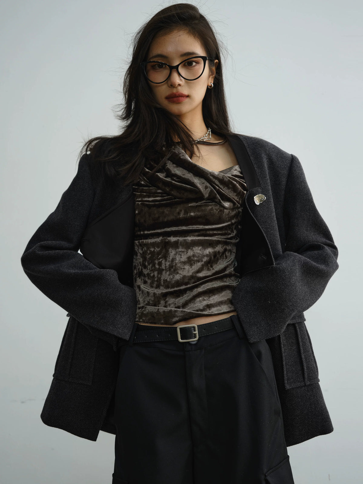 Low Neckline Diagonal Placket Jacket