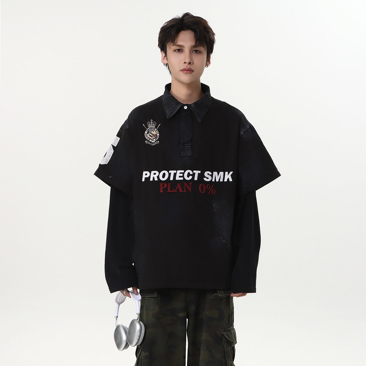 Dirty Washed Fake Layered Long Sleeve T-Shirt