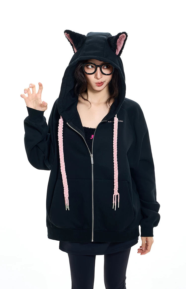 Ear Fleece Oversize Zipper Hoodie