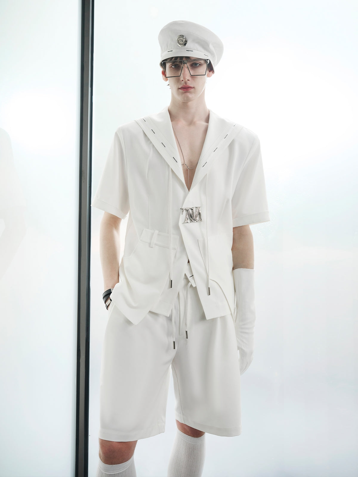 Sailor Collar V-neck Long Sleeve Shirt & Short Sleeve Shirt & Wide Leg Trousers & Short Trousers Setup