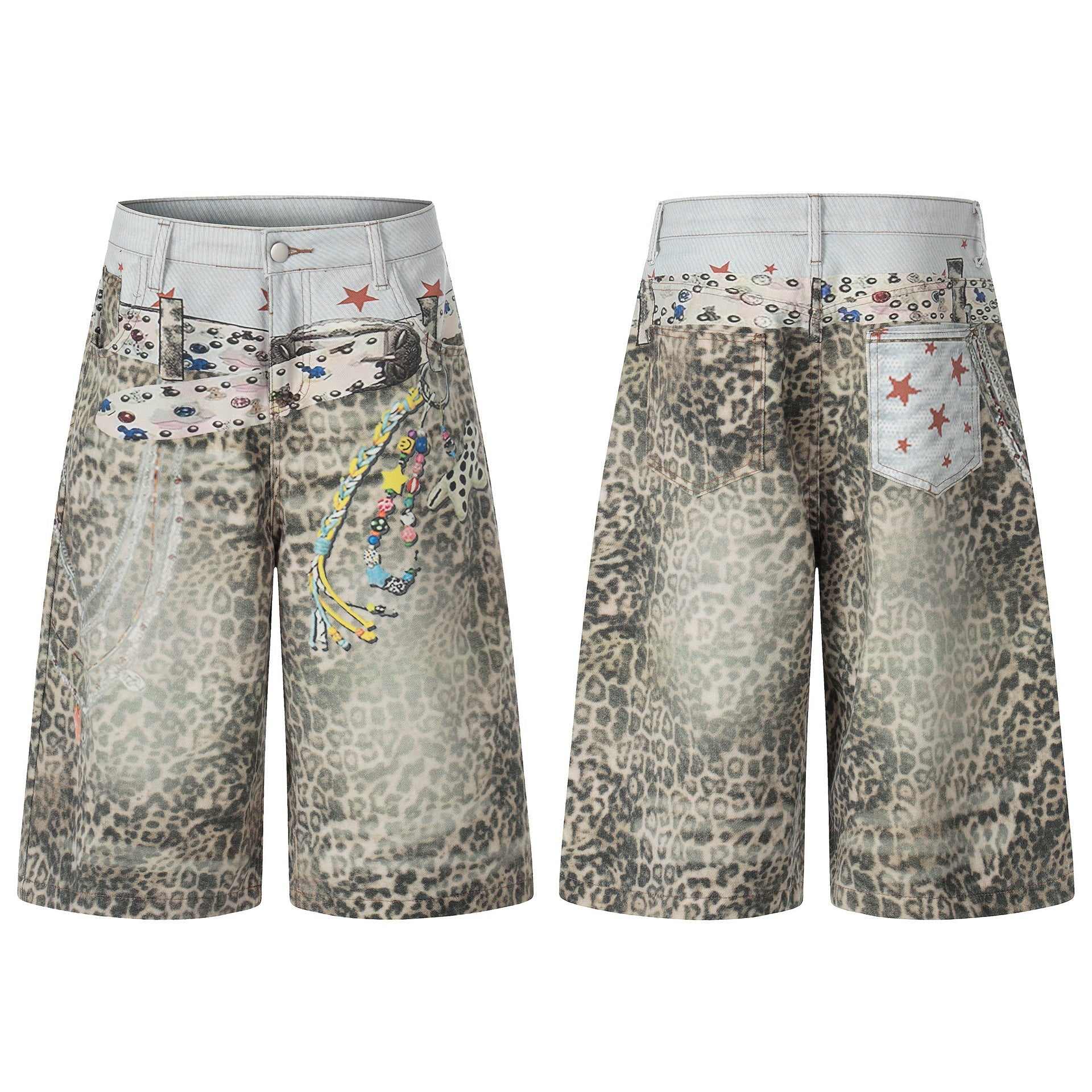 Allover Leopard Print Wide Leg Short Denim Jeans