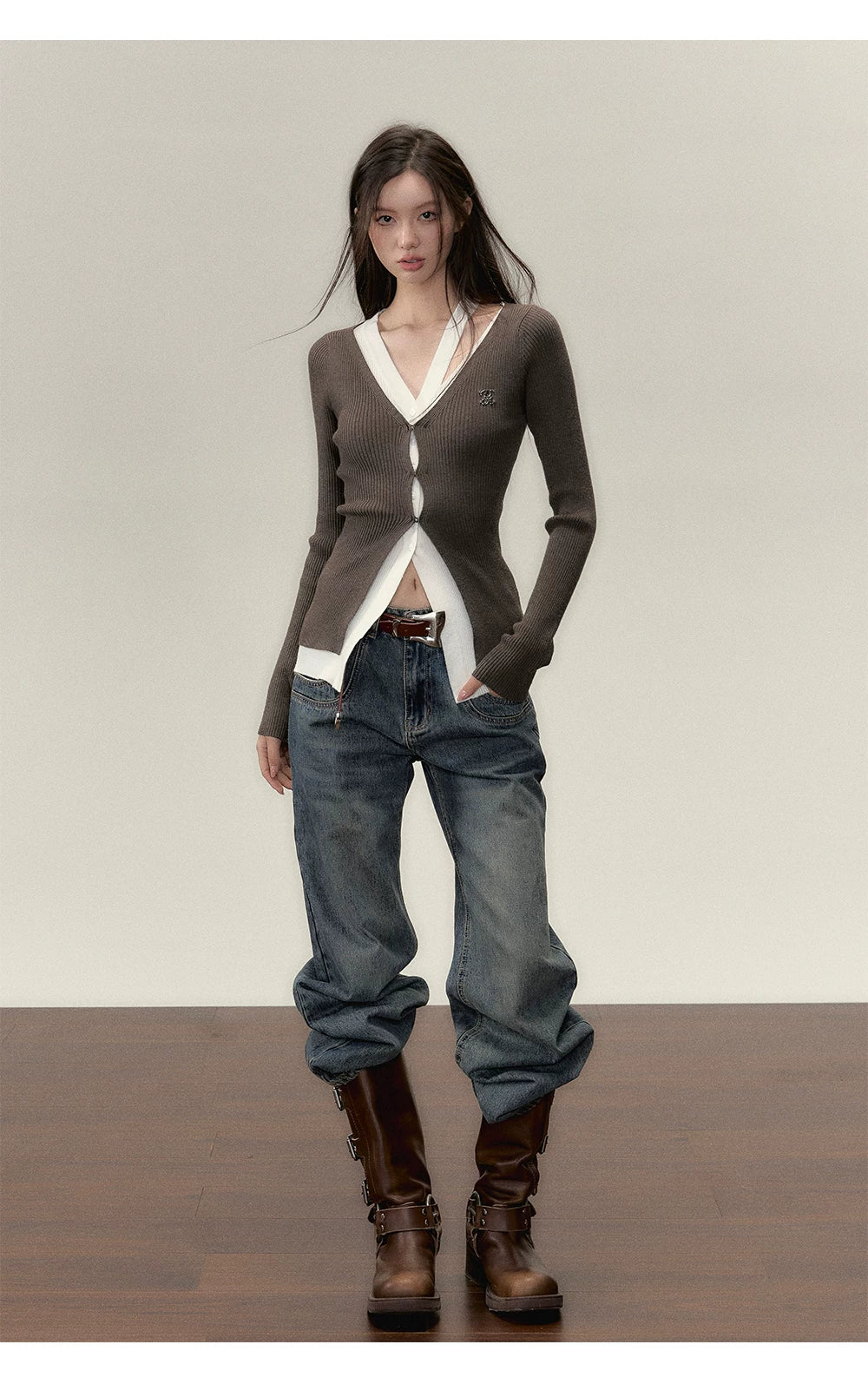 Fake Layered Long Sleeve Knit Cardigan