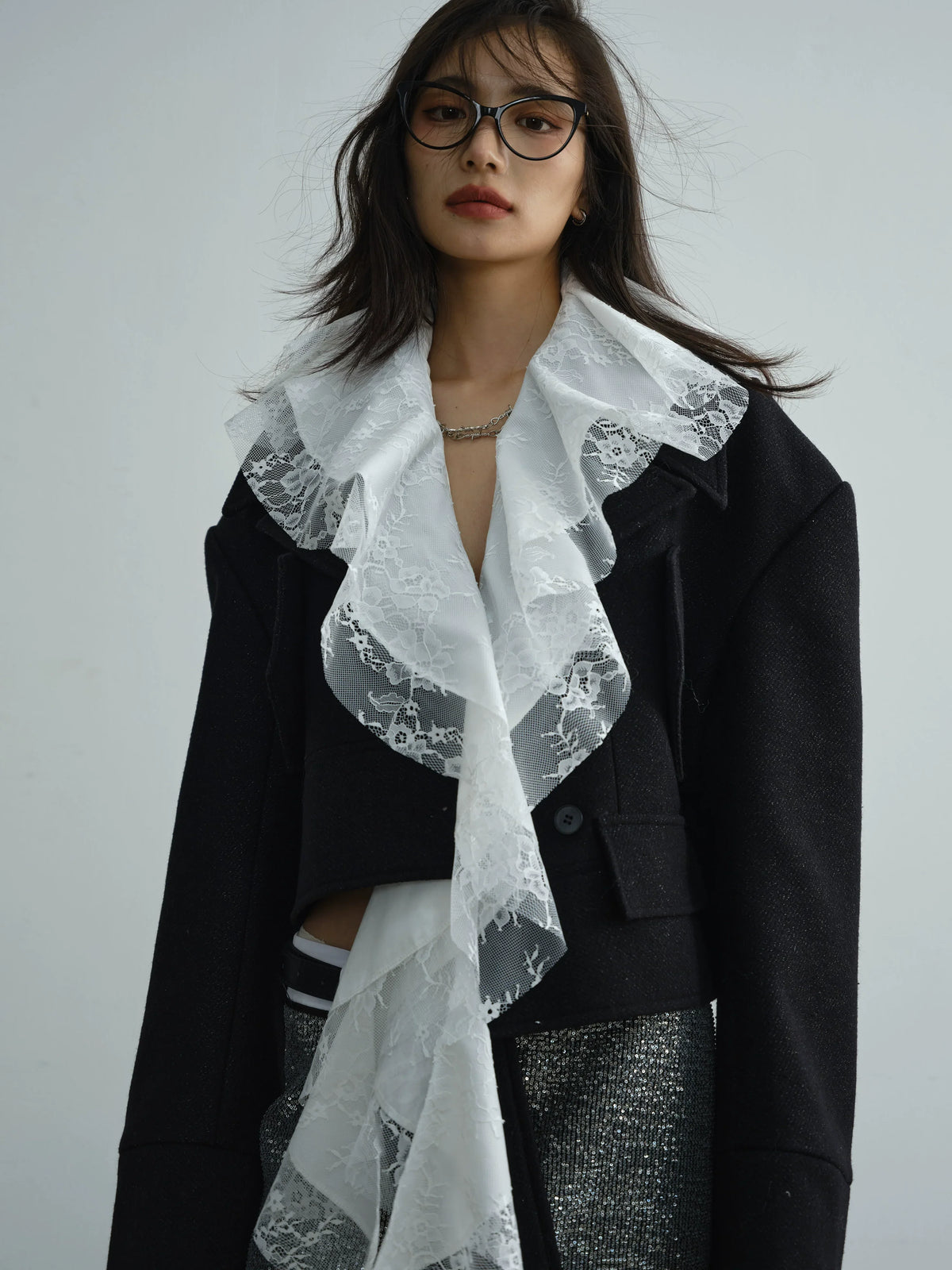 Detachable Lace Ruffle Edge Asymmetric Jacket