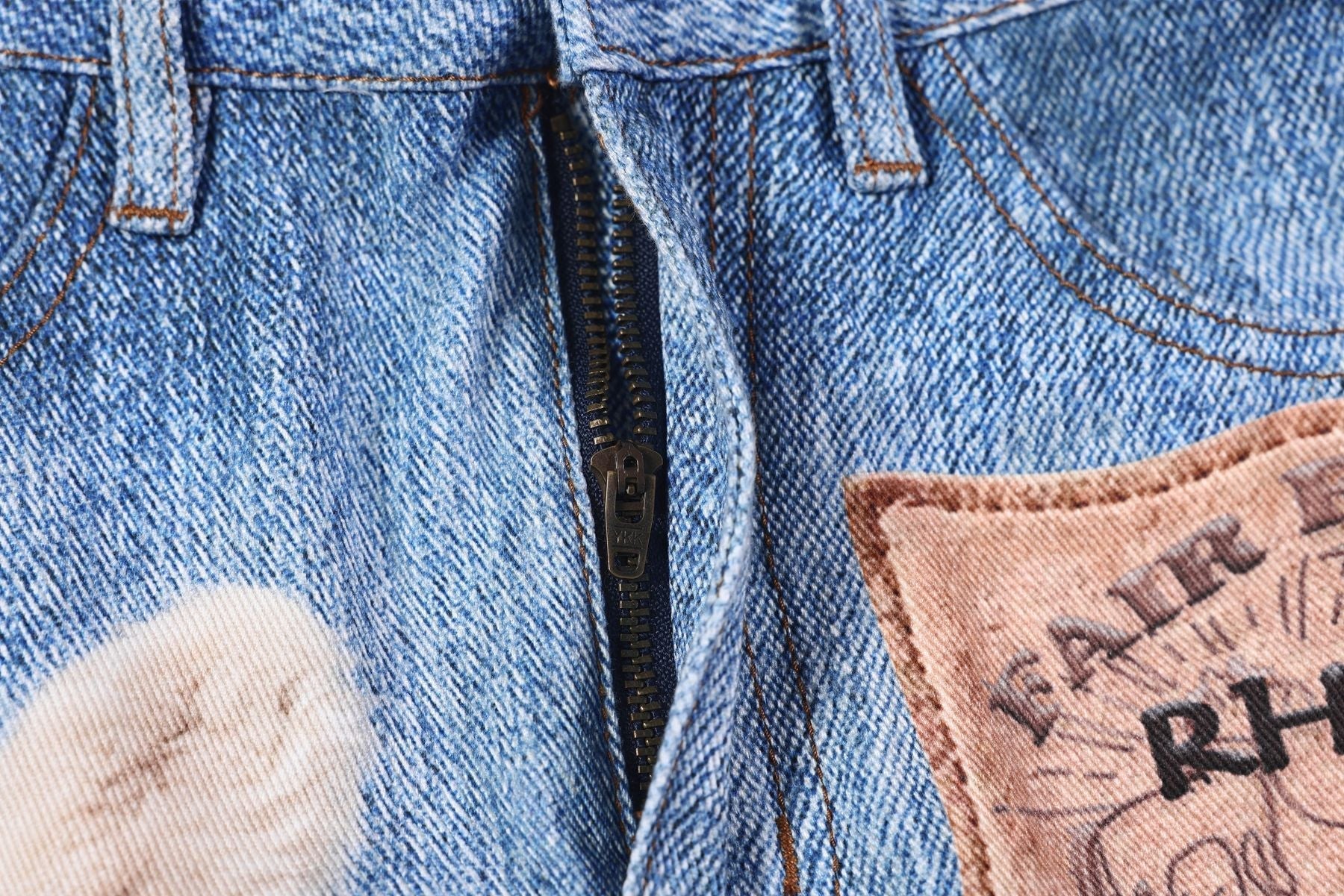 Washed 3D Character Print Wide Leg Denim Jeans