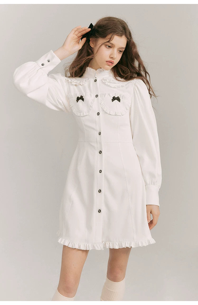Double Neck Long Sleeve Shirt Dress