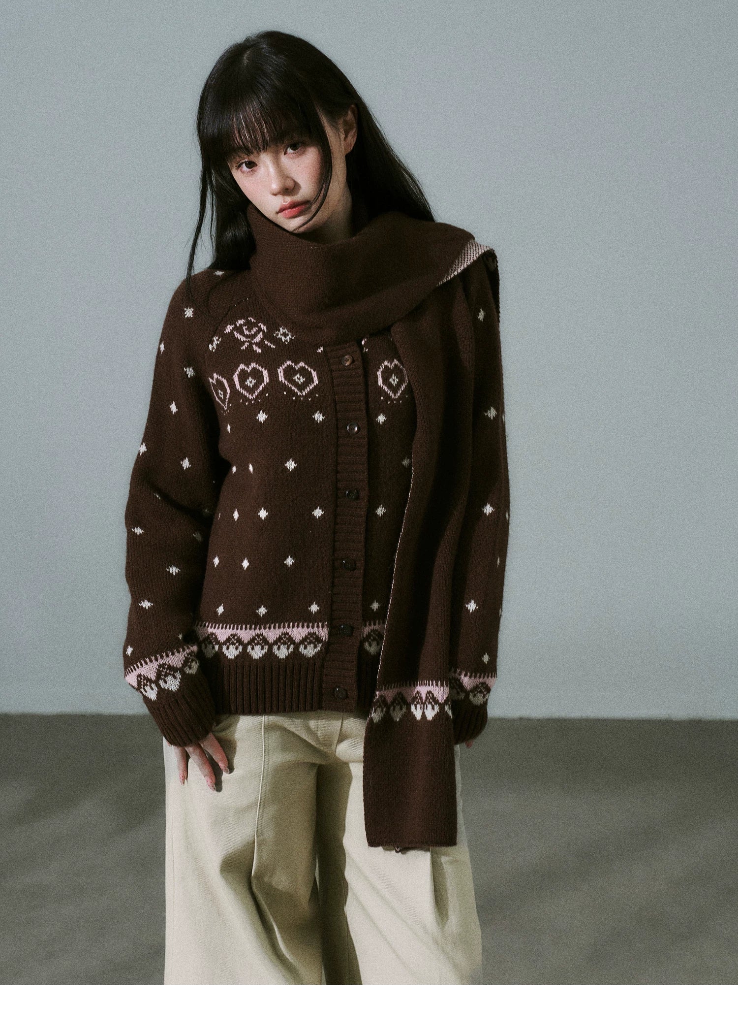 Fair Isle Pattern Wool Blend Scarf Knit Cardigan