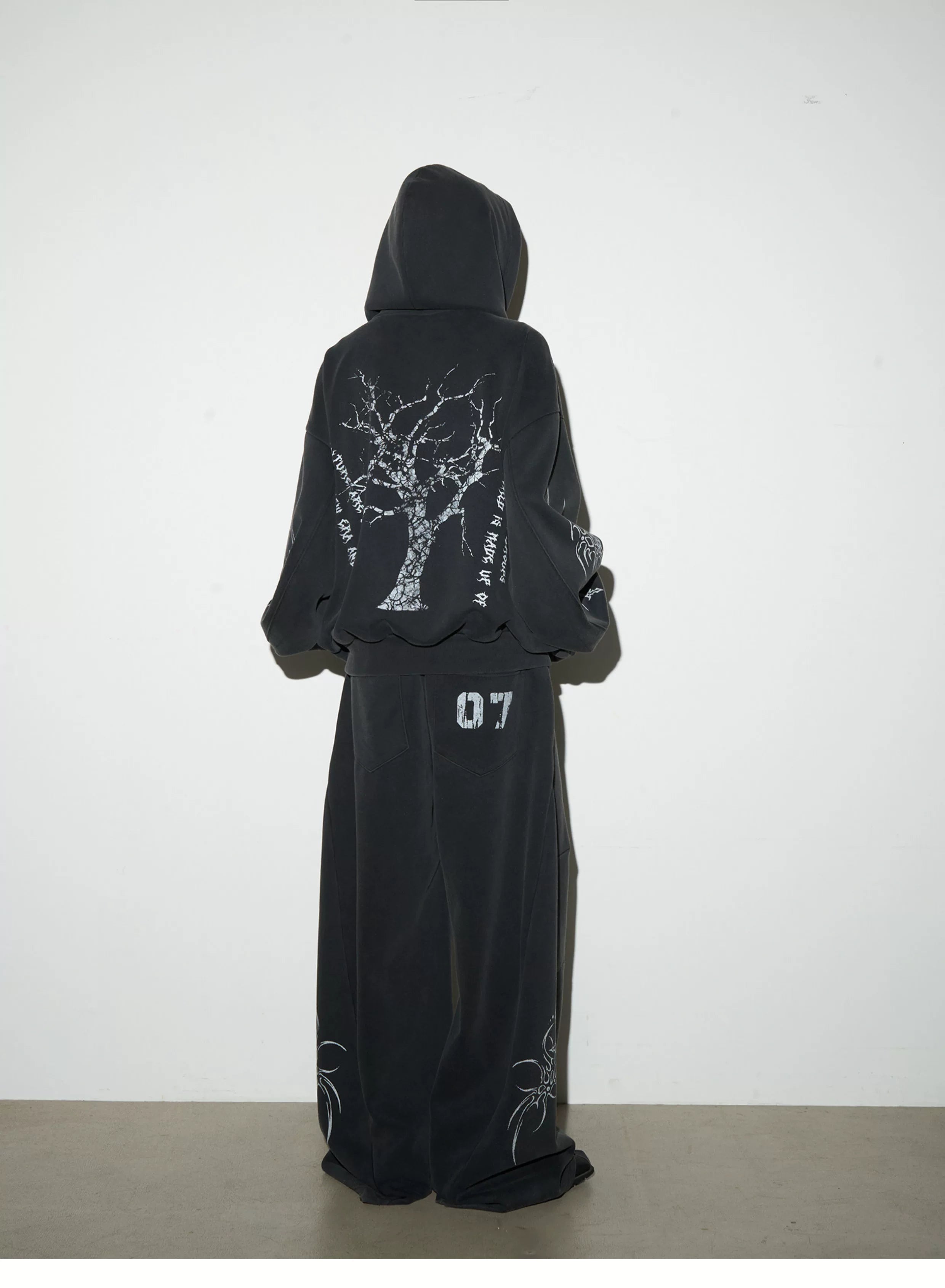 Graphic Print Oversize Zipper Hoodie & Wide Leg Sweatpants Setup