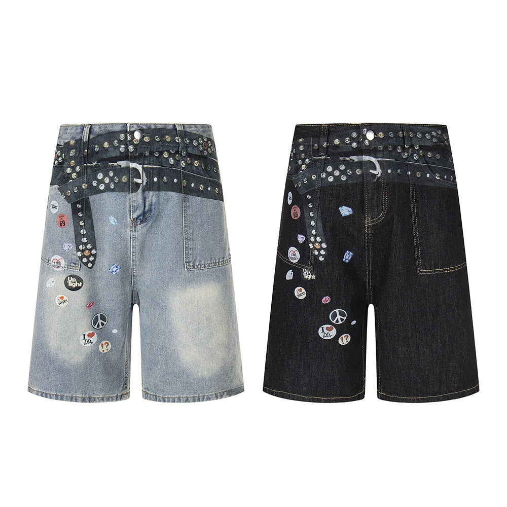 Badge Belt Print Wide Leg Half Denim Jeans