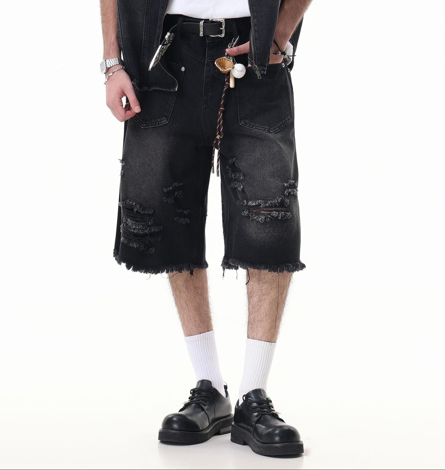 Washed Damage Wide Leg Denim Short Pants