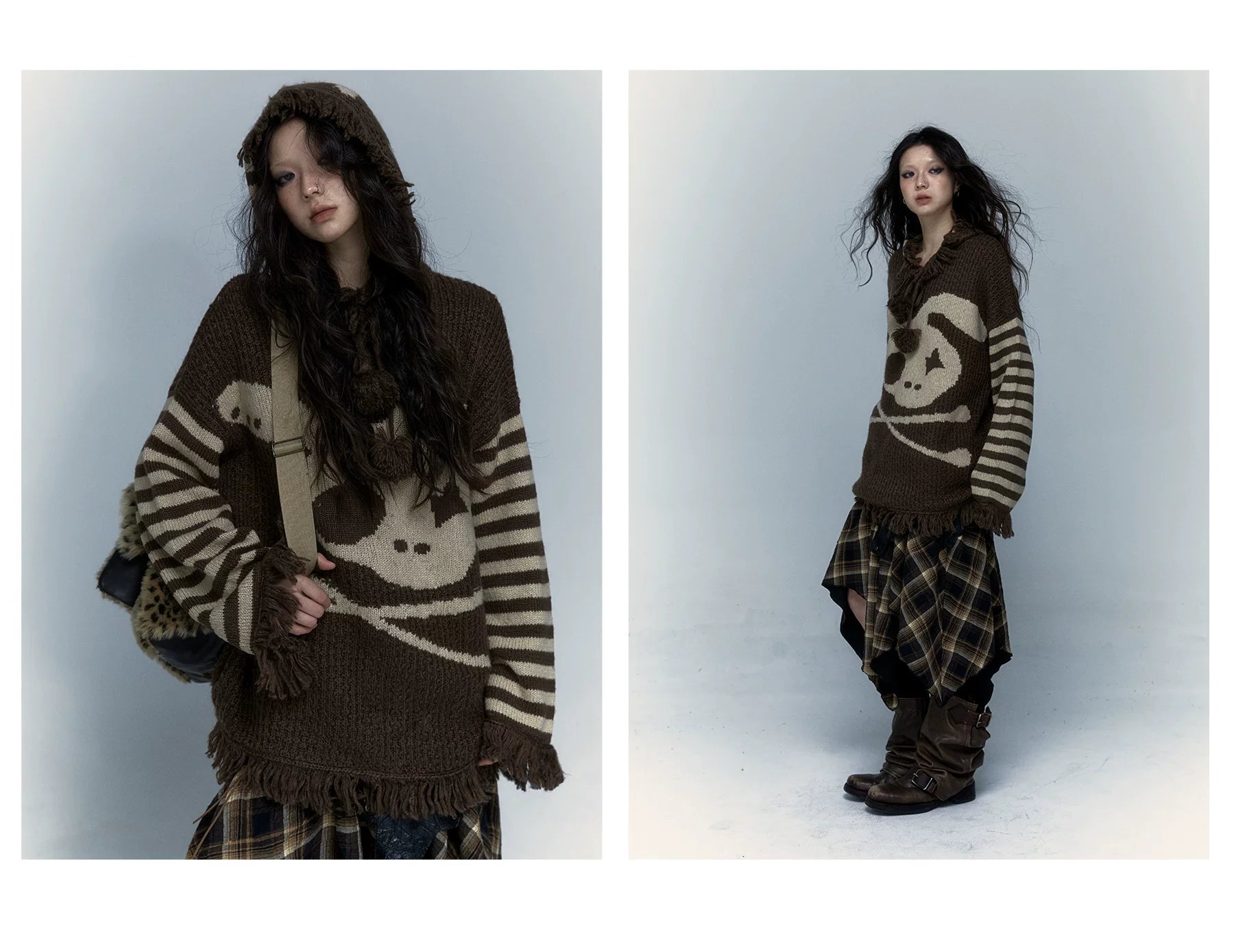 Skull Print Stripe Oversize Knit Hoodie
