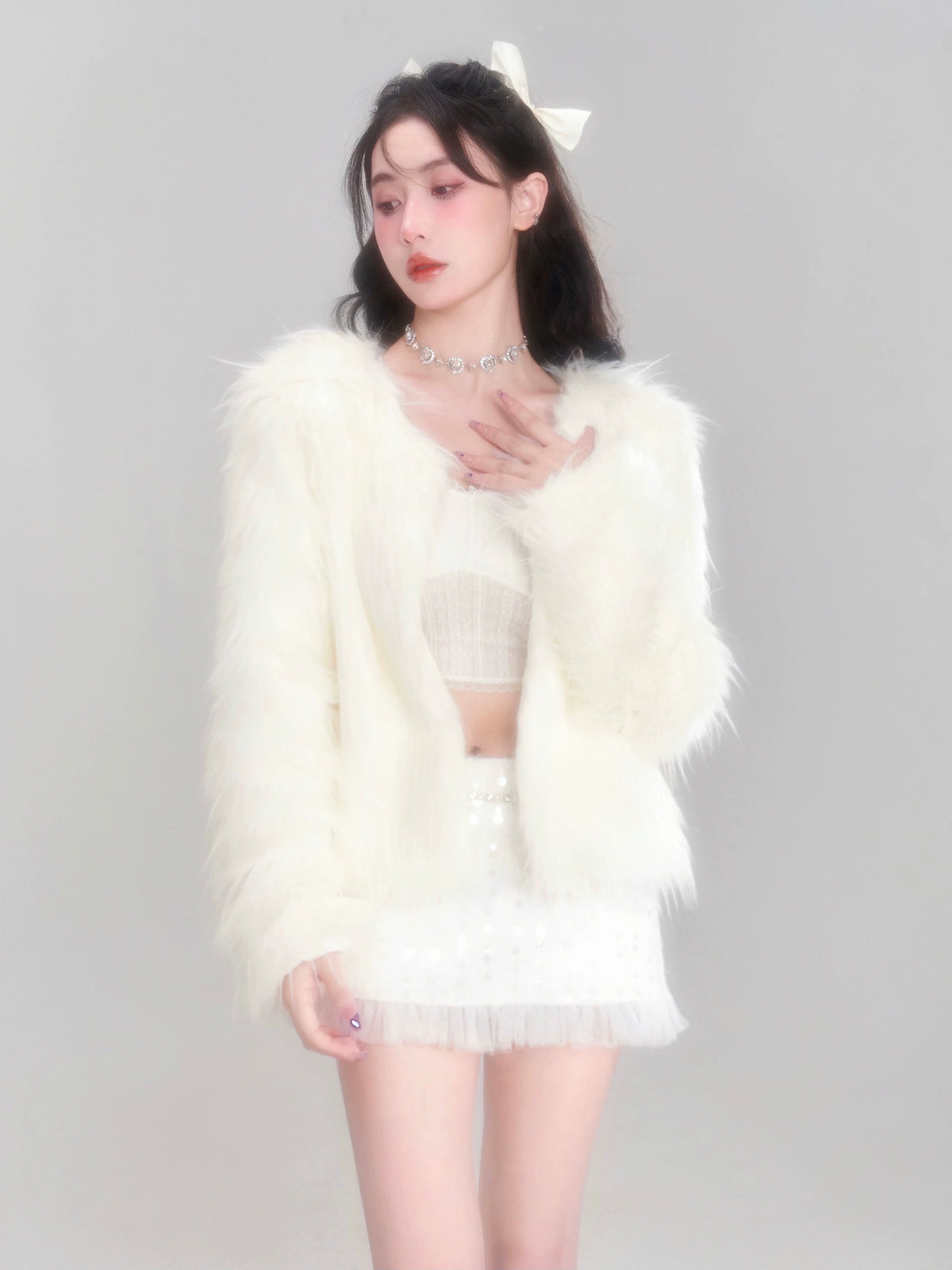 Eco Fur Warm Jacket & Short Skirt & Long Skirt Setup