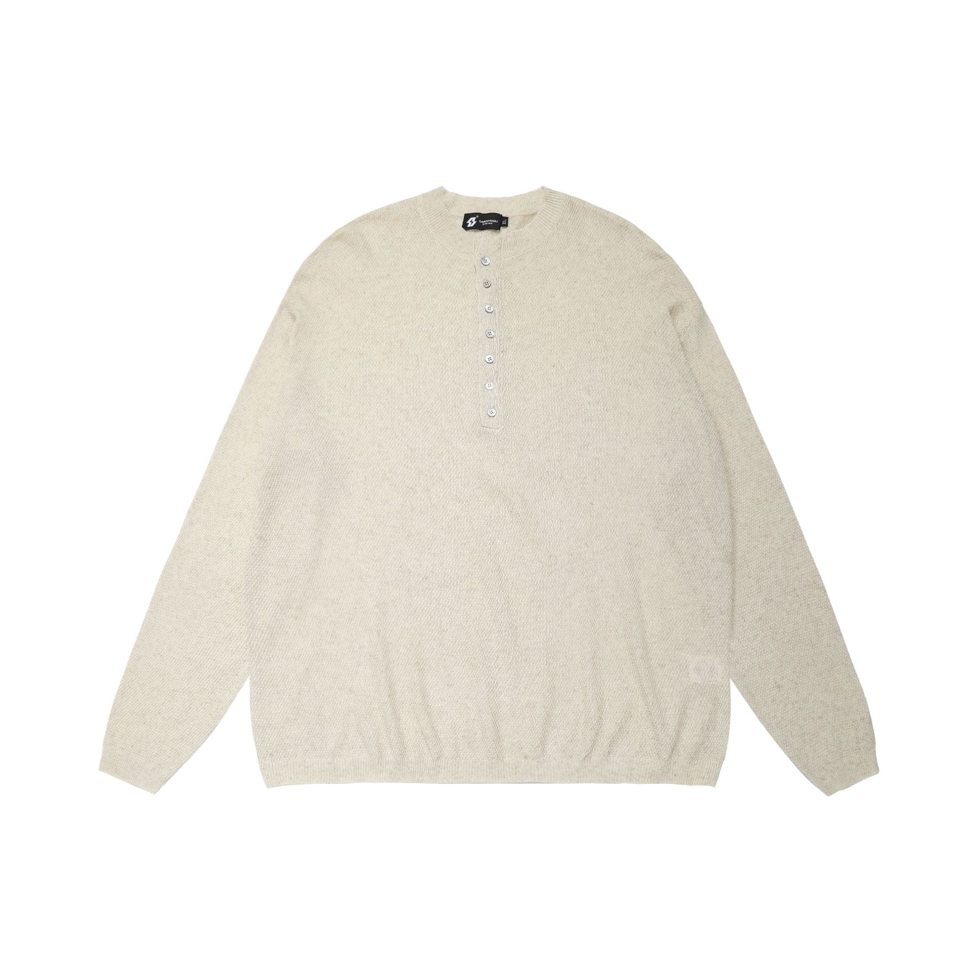 Openwork Linen Henley Neck Knit Sweater