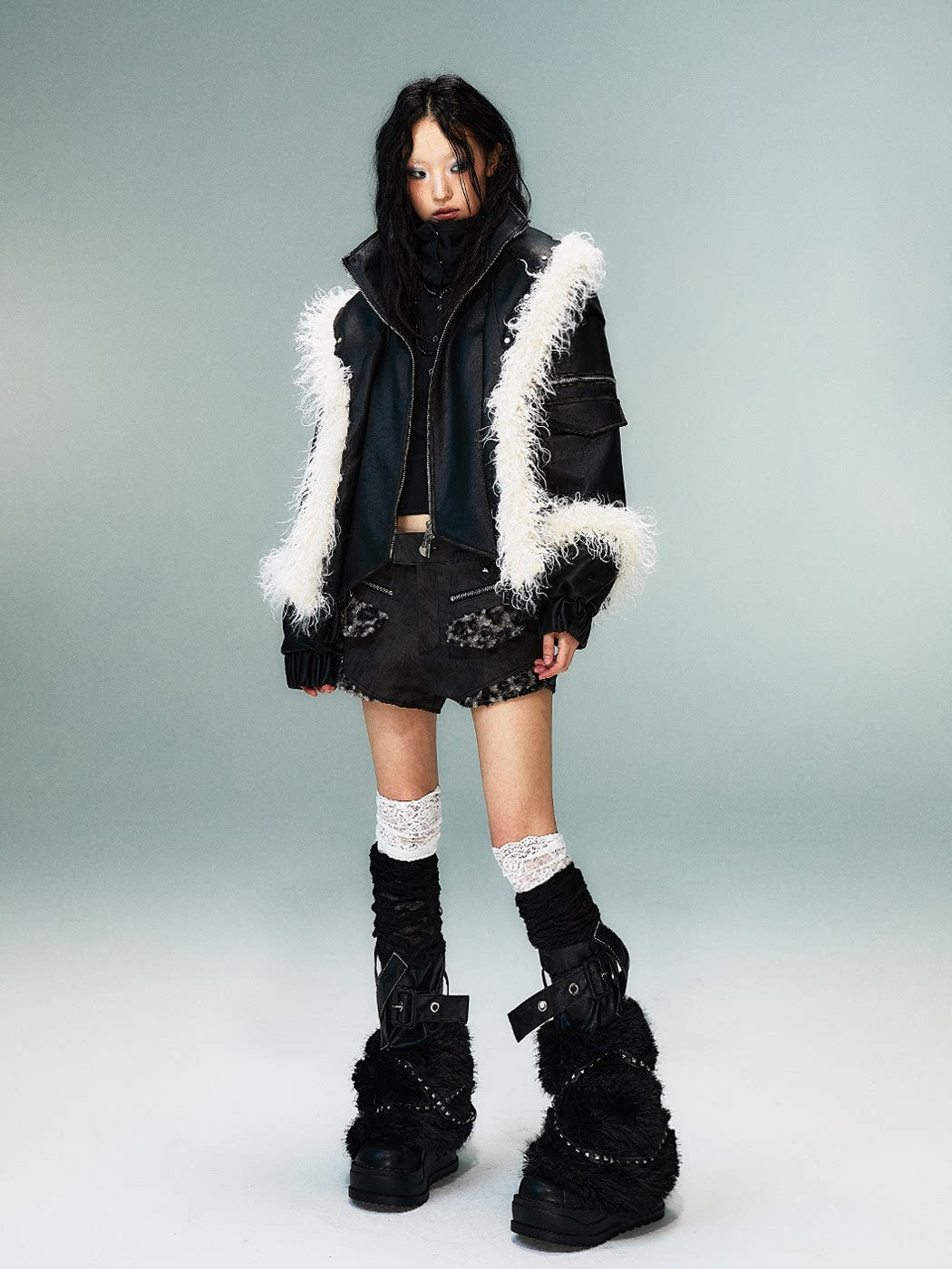 Fake Layered Washed Thickened PU Leather Padded Short Jacket