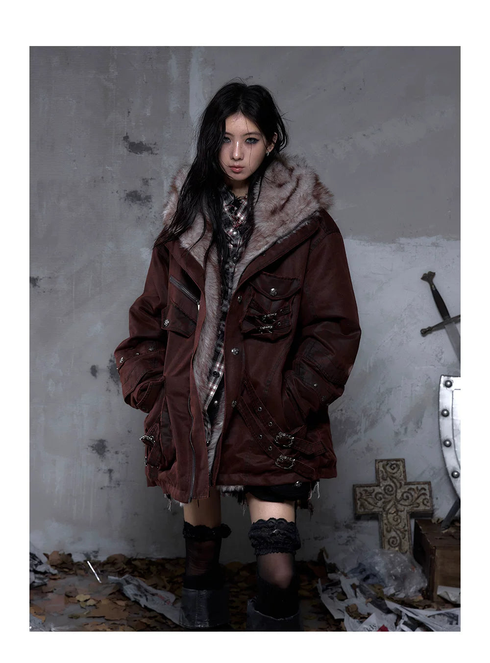 Fake Fur Hooded Multi-Pocket Buckle Detail Jacket