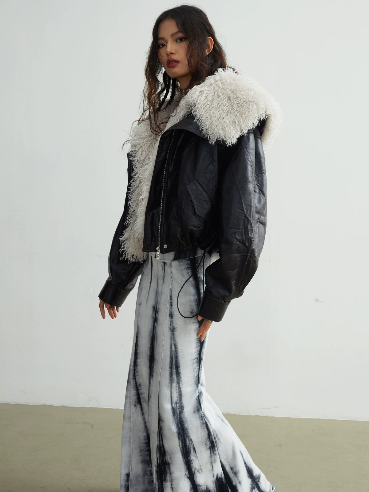 Detachable Large Fur Collar PU Leather Jacket