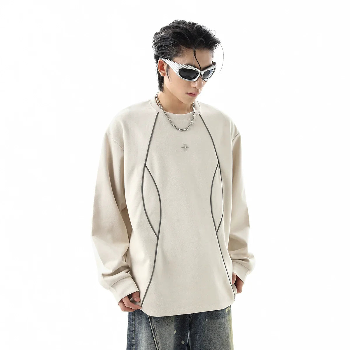 Reflective Stripe Suede Round Neck Sweatshirt