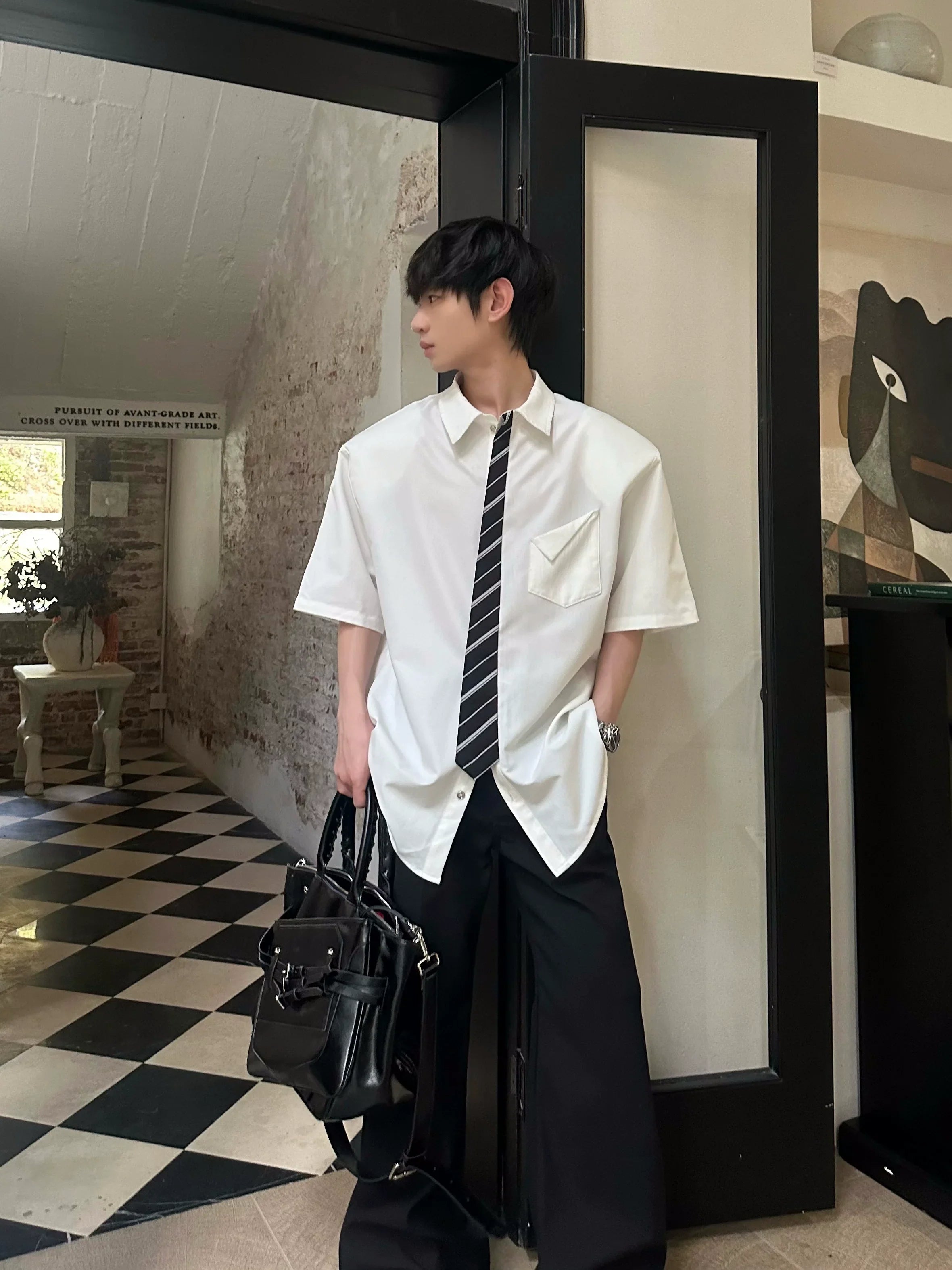 Shoulder-Pad Tie Patchwork Short Sleeve Shirt