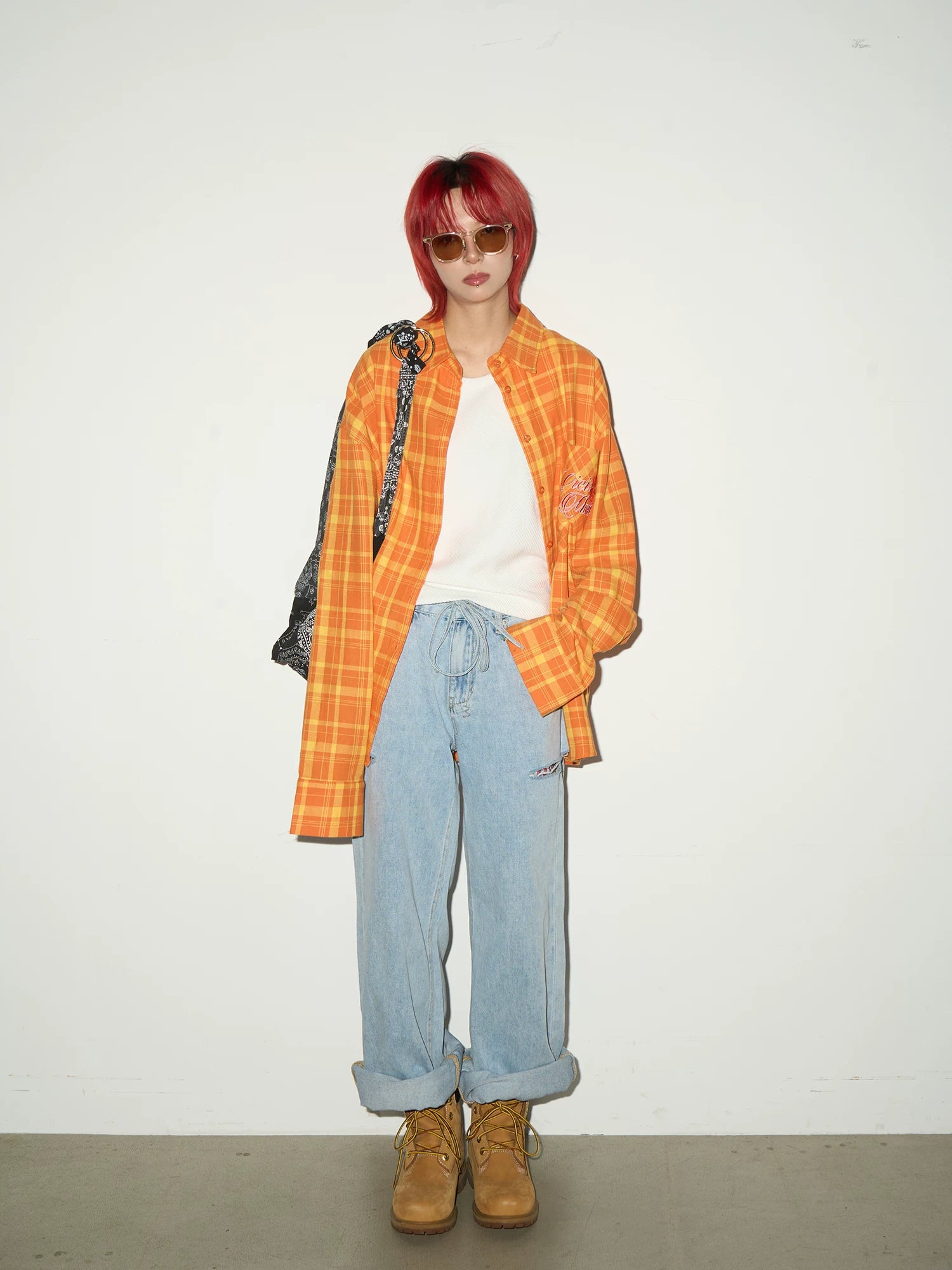 Plaid Embroidery Print Oversize Long Sleeve Shirt
