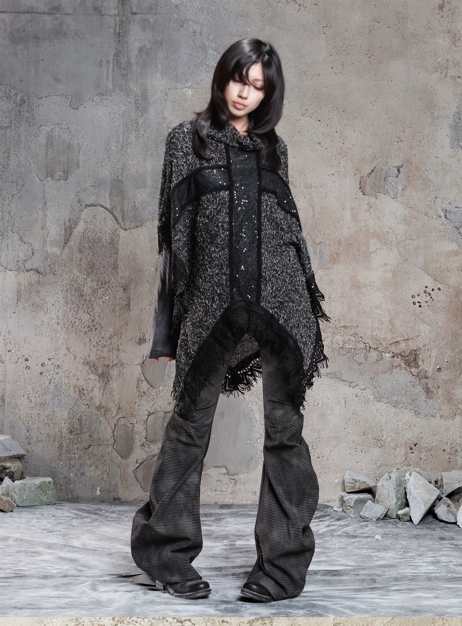Punk Cross Cape Asymmetric Fringe Knit Sweater