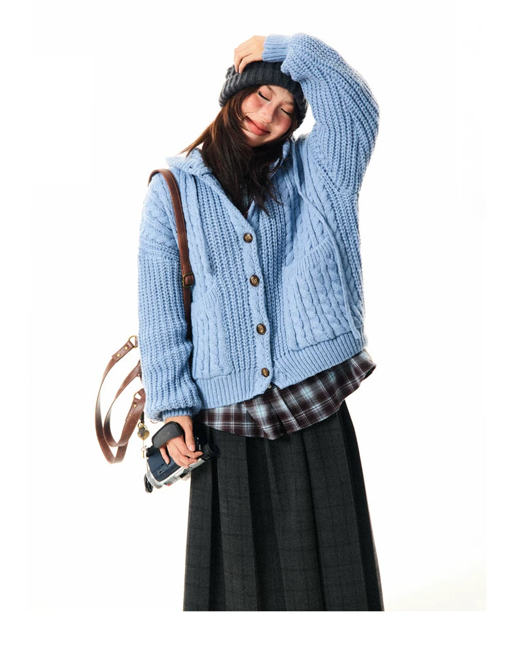 Hooded Button Oversize Cable Knit Cardigan
