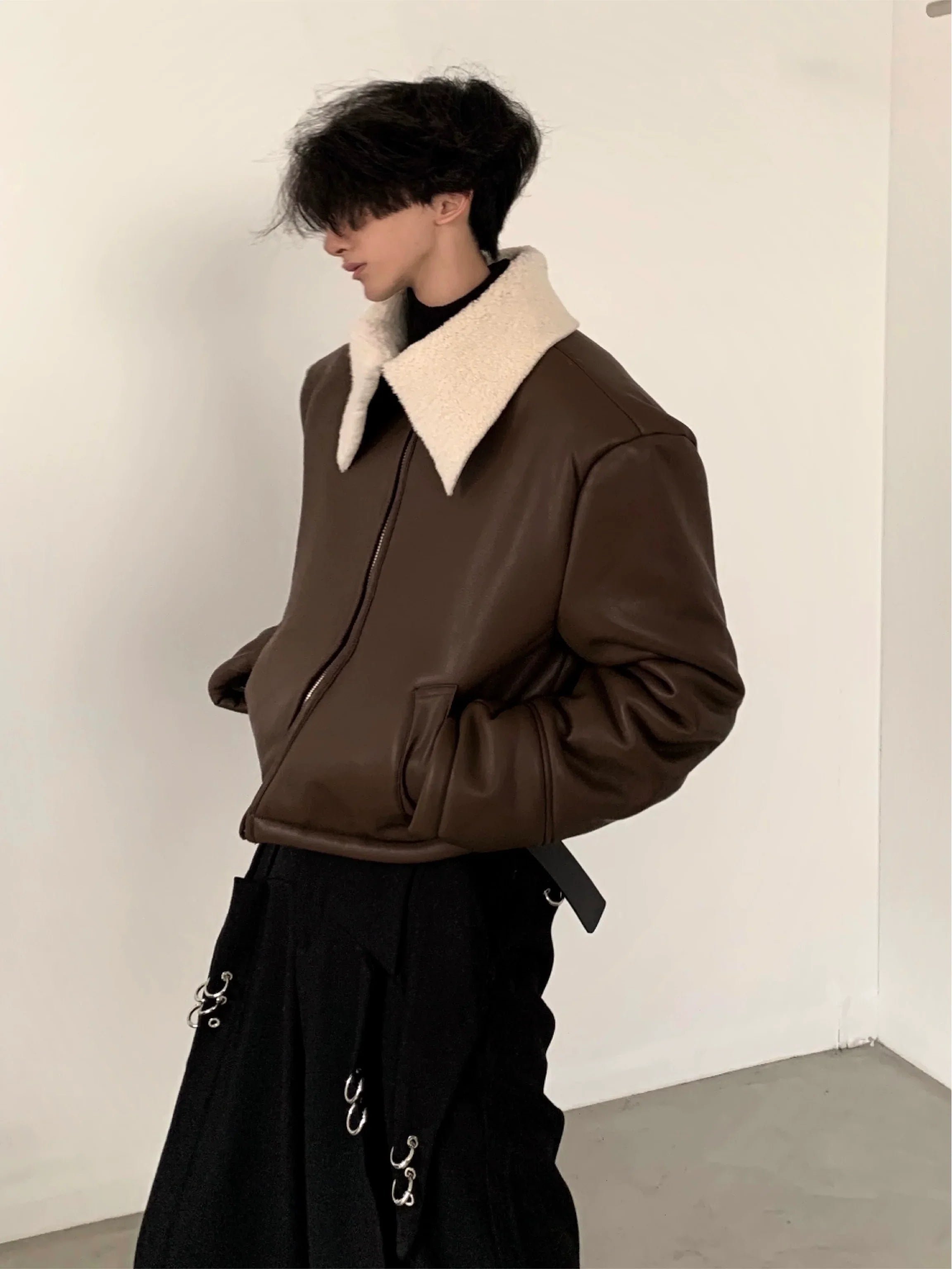 Fur Collar Short Zipper PU Leather Jacket
