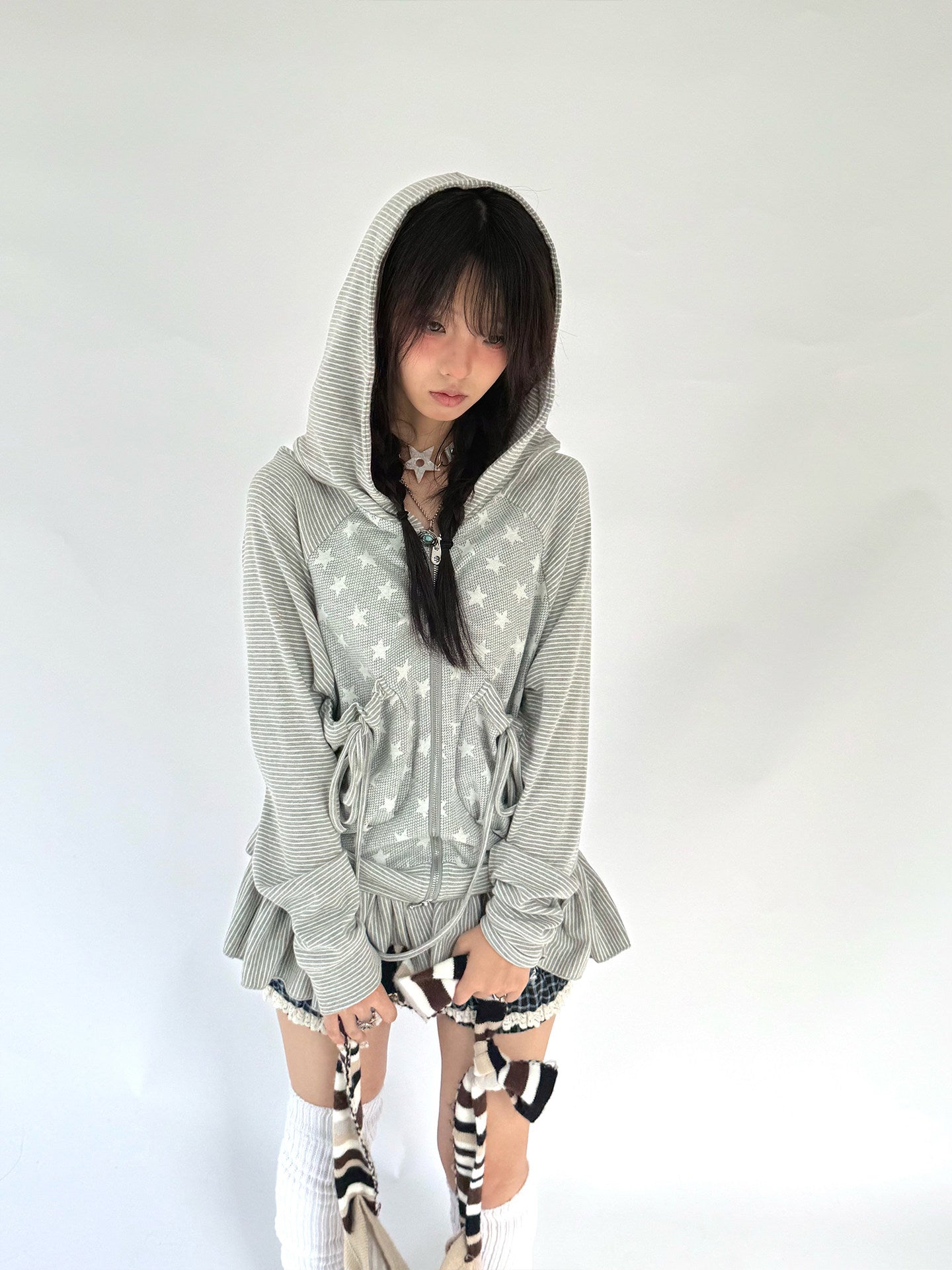 Striped Patchwork Hooded Drawstring Ruffle Jacket & Skirt Setup