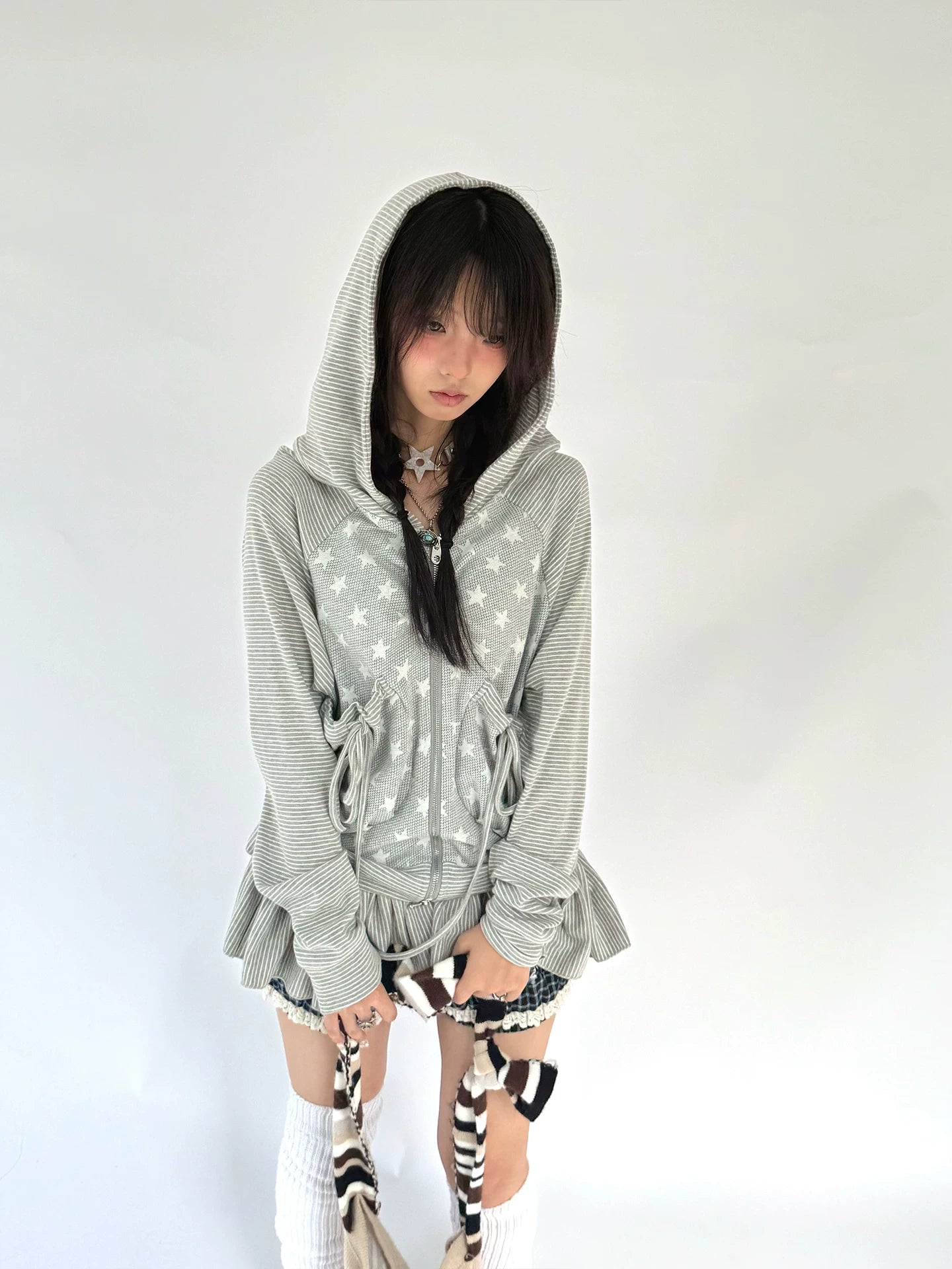 Striped Patchwork Hooded Drawstring Ruffle Jacket & Skirt Setup