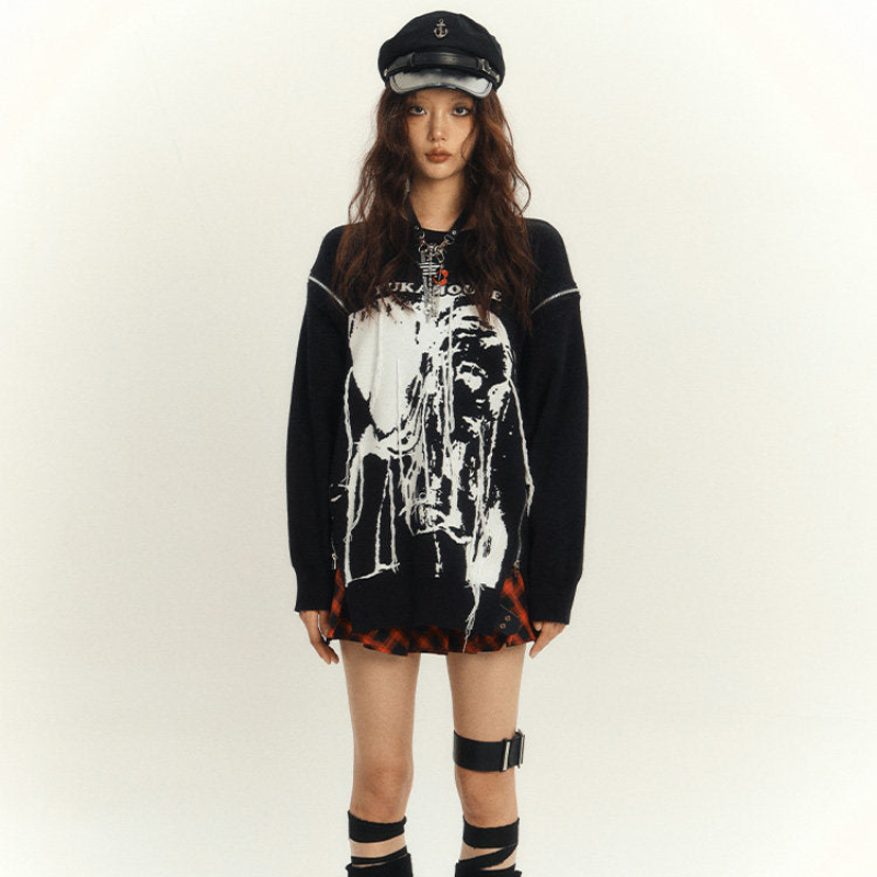 Zipper Design Oversize Knit Sweater