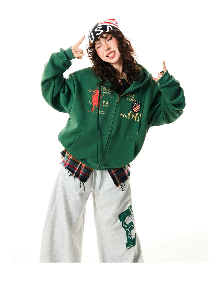 Letter Embroidery Washed Zipper Hoodie