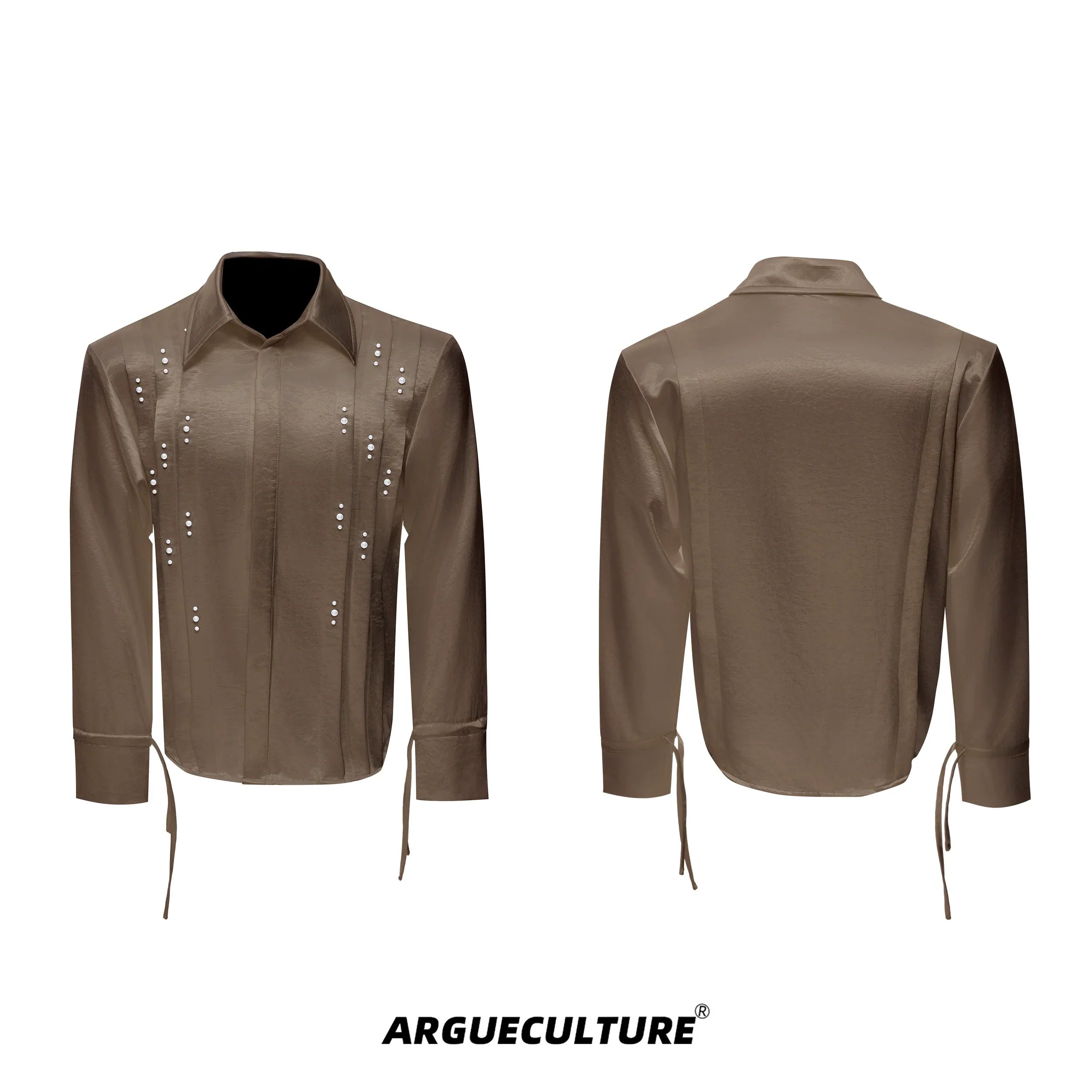 Pearl Beads Ribbon Pleats Long Sleeve Shirt