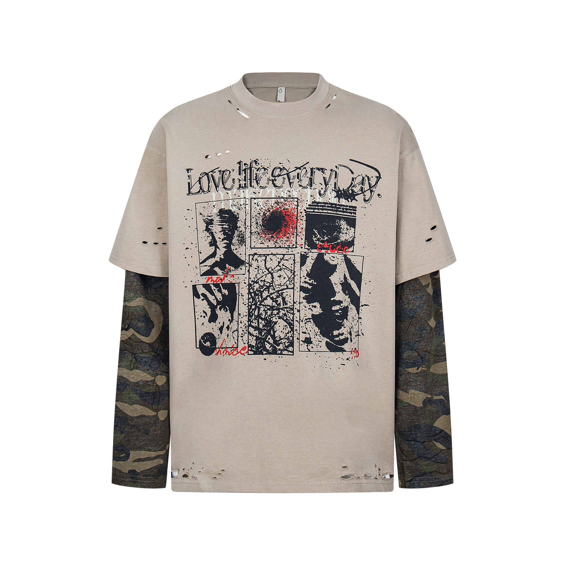 Fake Layered Camo Damage Print Long Sleeve T-Shirt