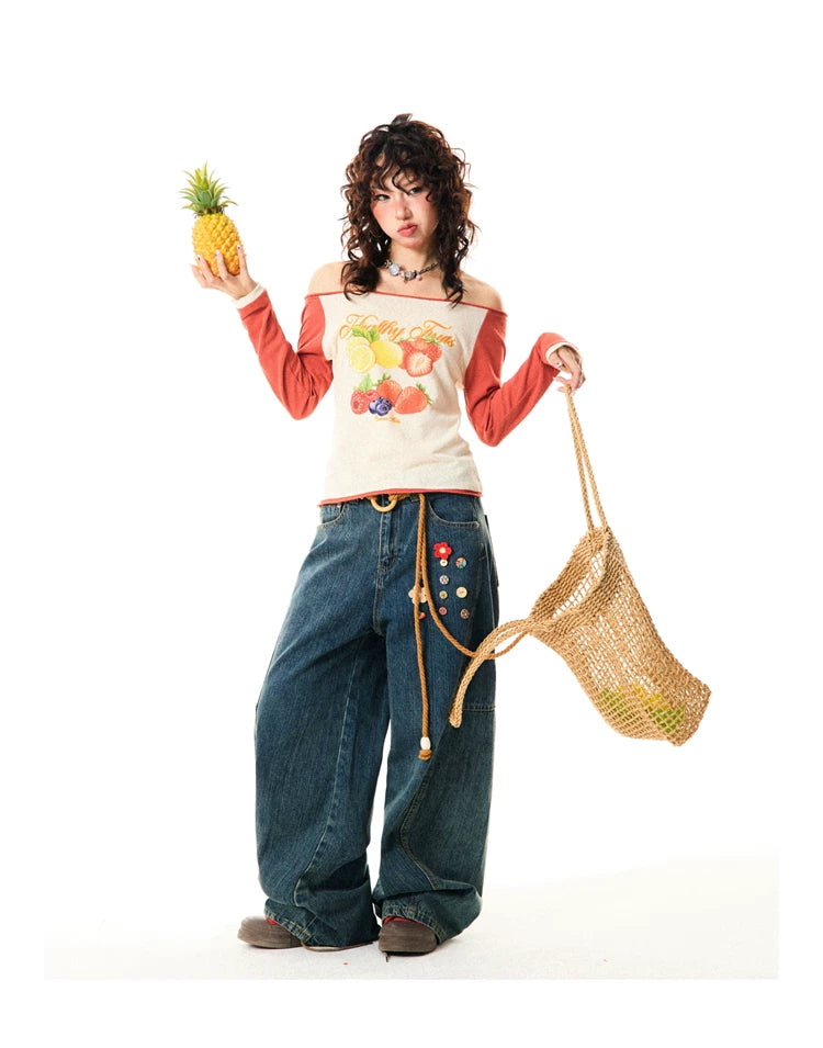 Fruit Graphic Print Off-Shoulder Fitted Long Sleeve T-Shirt
