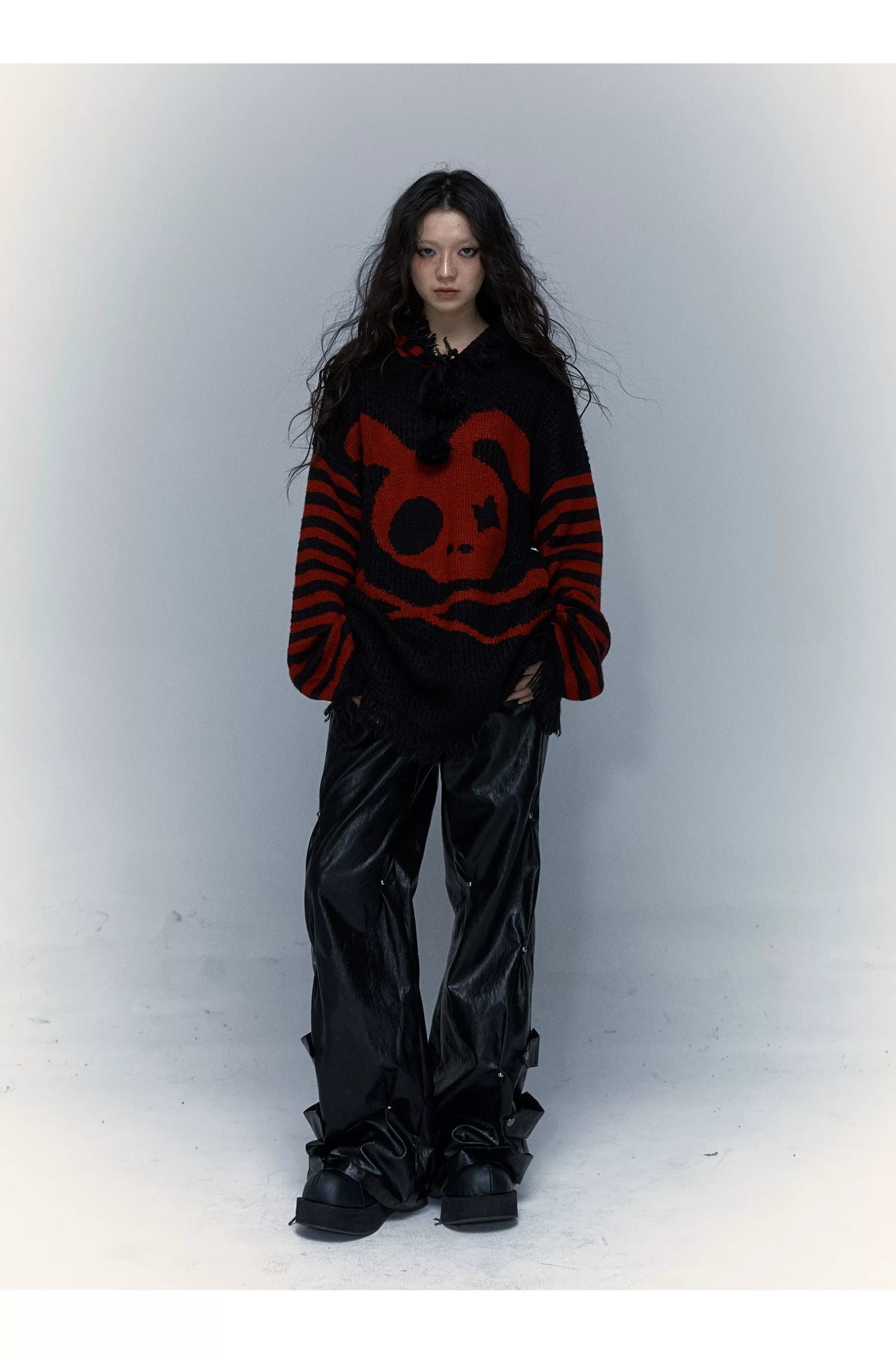 Skull Print Stripe Oversize Knit Hoodie