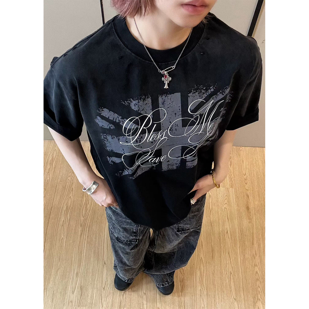 Damage Letter Print Short Sleeve T-Shirt