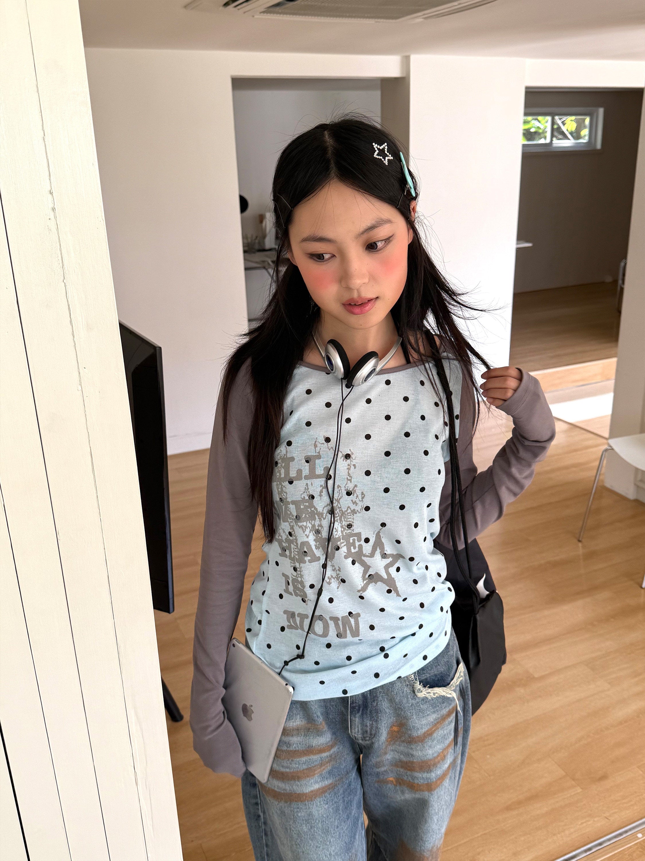 Polka Dot Letter Print Fake Layered Fitted Long Sleeve T-Shirt
