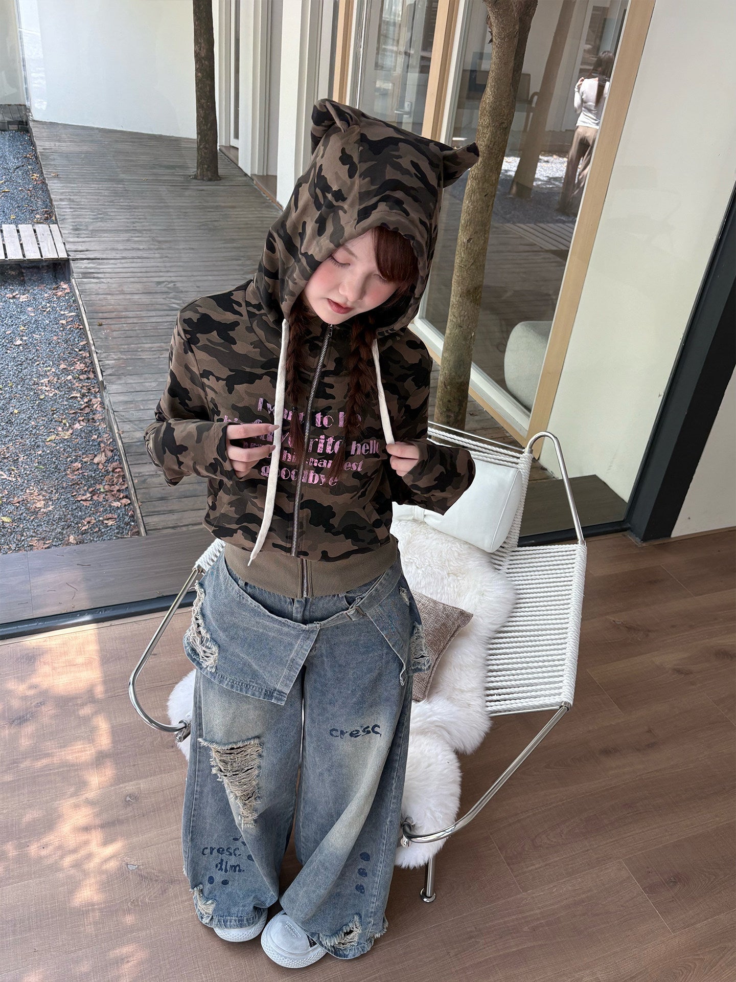 Devil Horn Hooded Print Zipper Hoodie