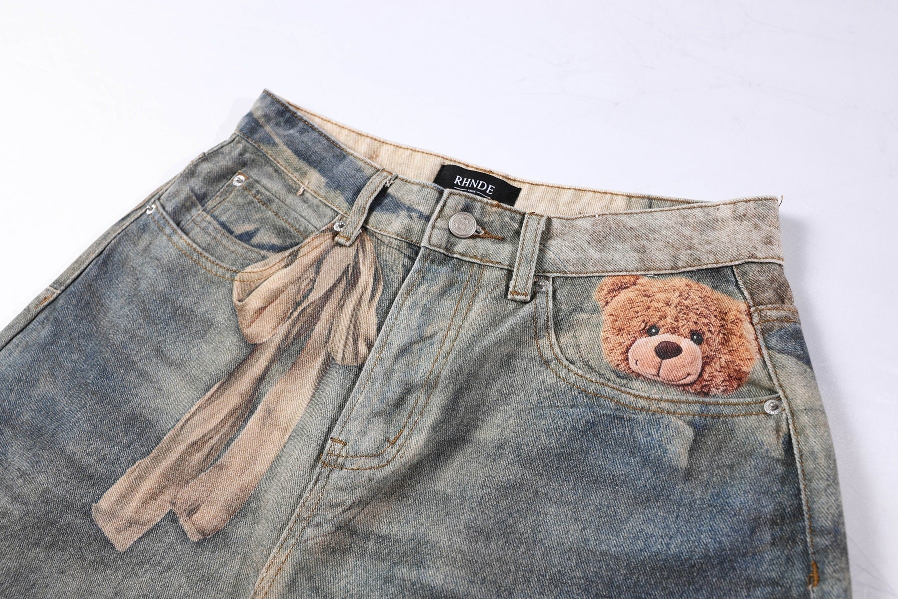 Washed 3D Graphic Print Wide Leg Denim Jeans