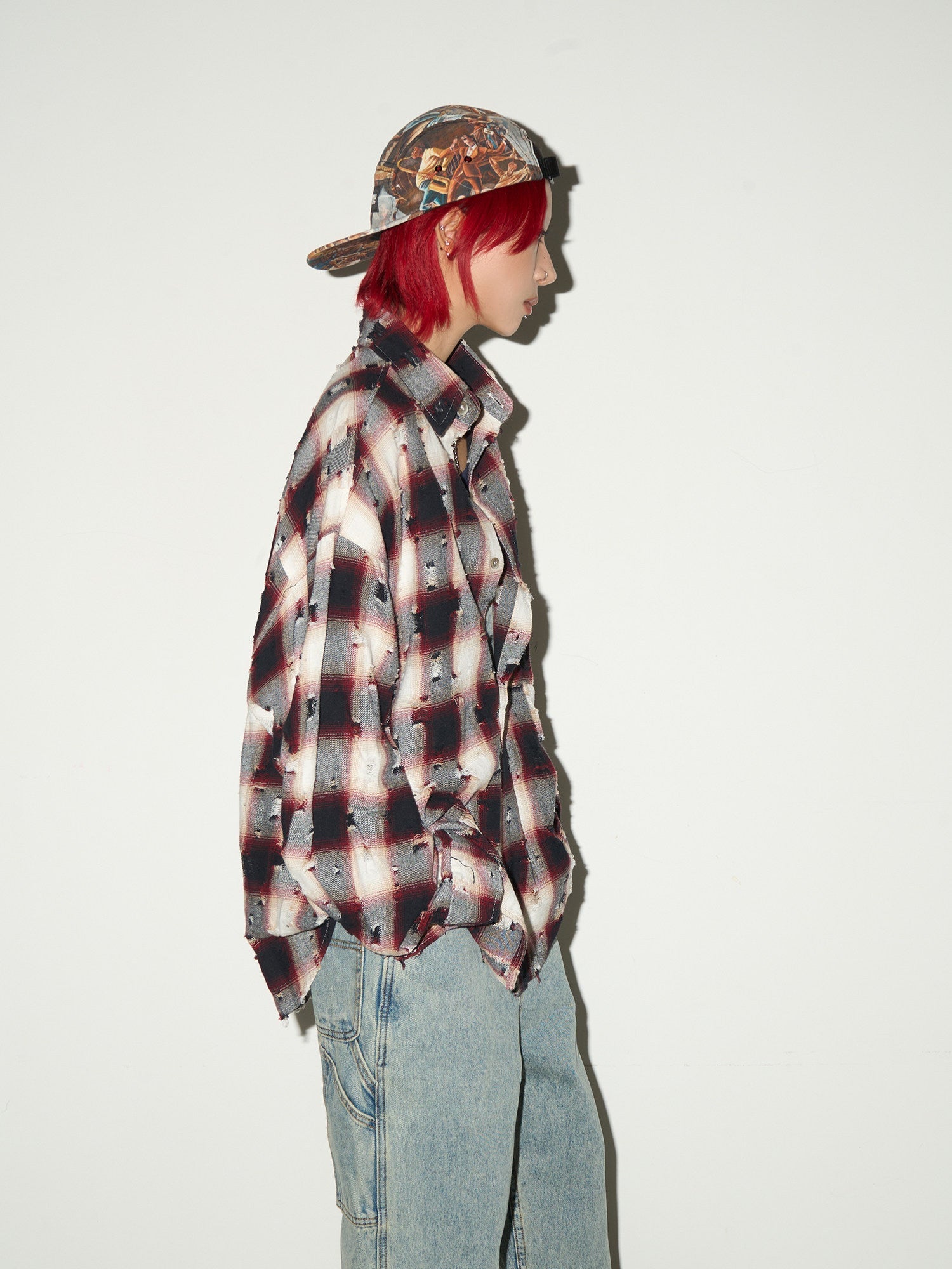 Ripped Plaid Oversize Long Sleeve Shirt