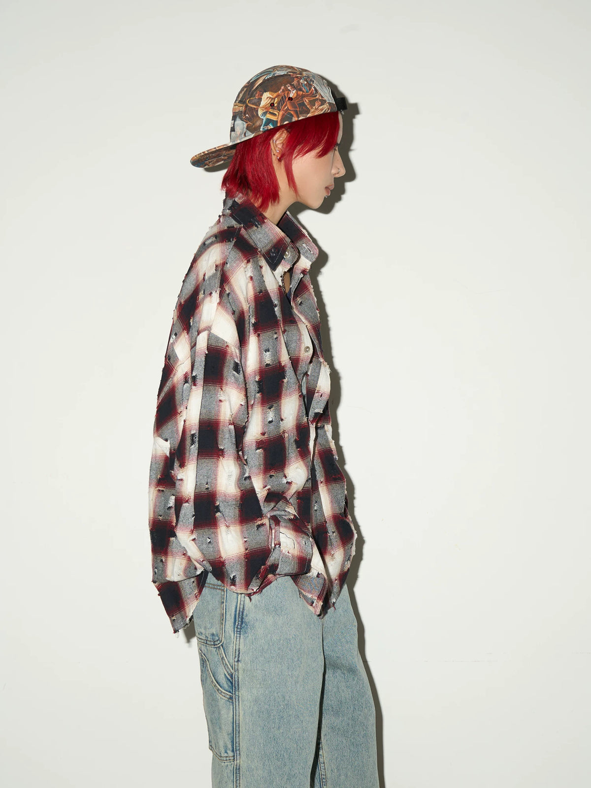 Ripped Plaid Oversize Long Sleeve Shirt