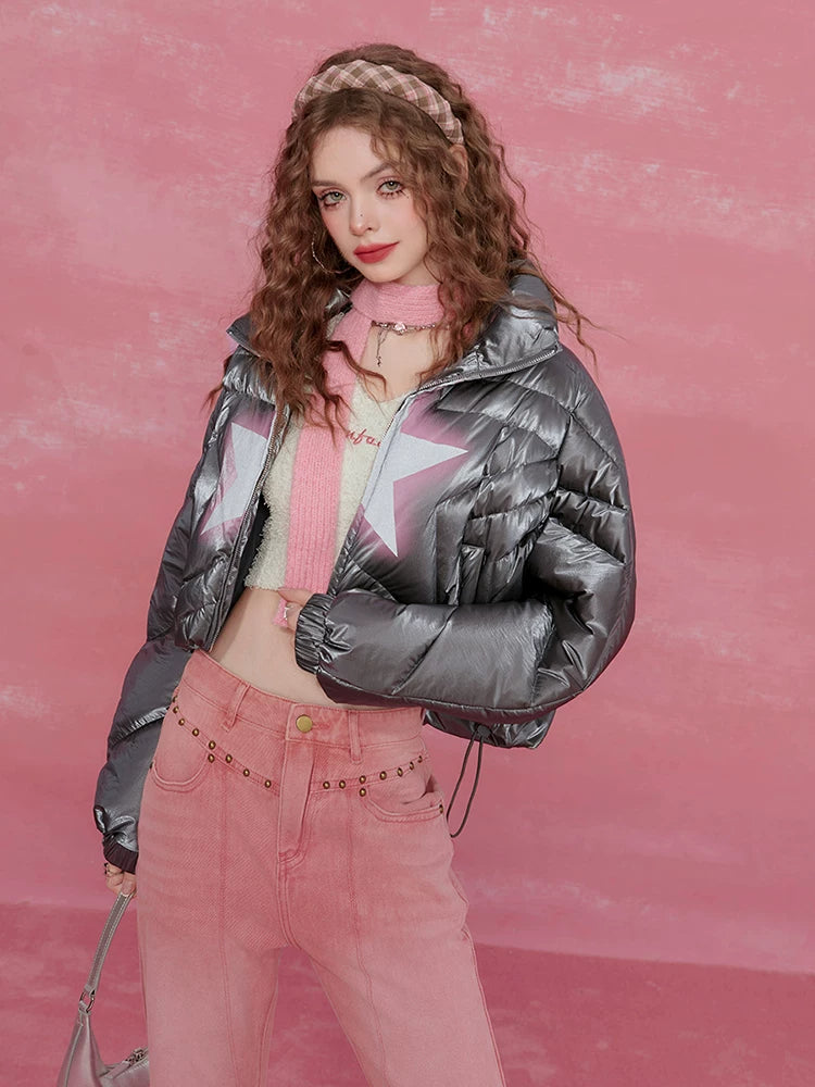 Star-Stitch Stand Neck Short White Duck Down Jacket
