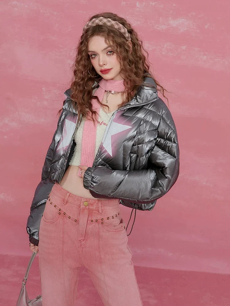 Star-Stitch Stand Neck Short White Duck Down Jacket