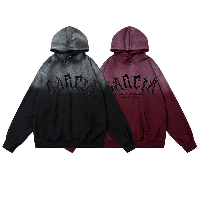 그라데이션 레터 자수 워시드 오버사이즈 풀오버 후드 티셔츠