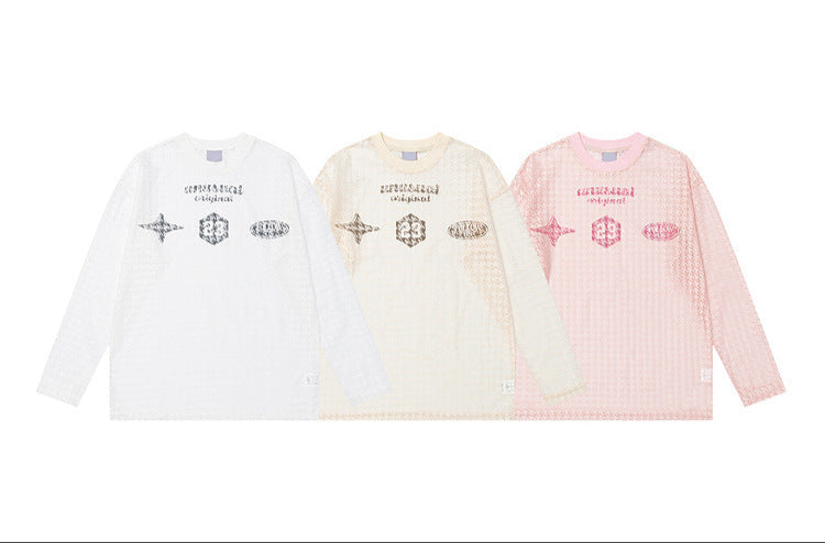 Three long-sleeve shirts in white, beige, and pink with geometric designs on a white background.