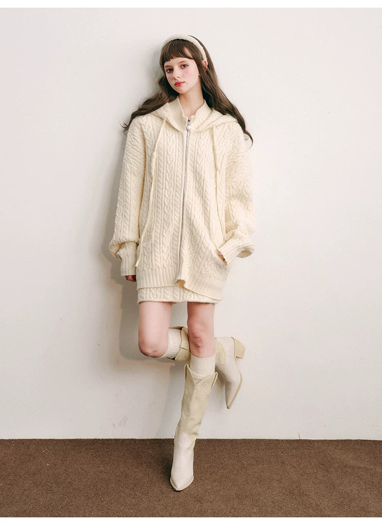 Bunny Hare Ear Hooded Zipper Knit Cardigan & Knit Skirt Setup