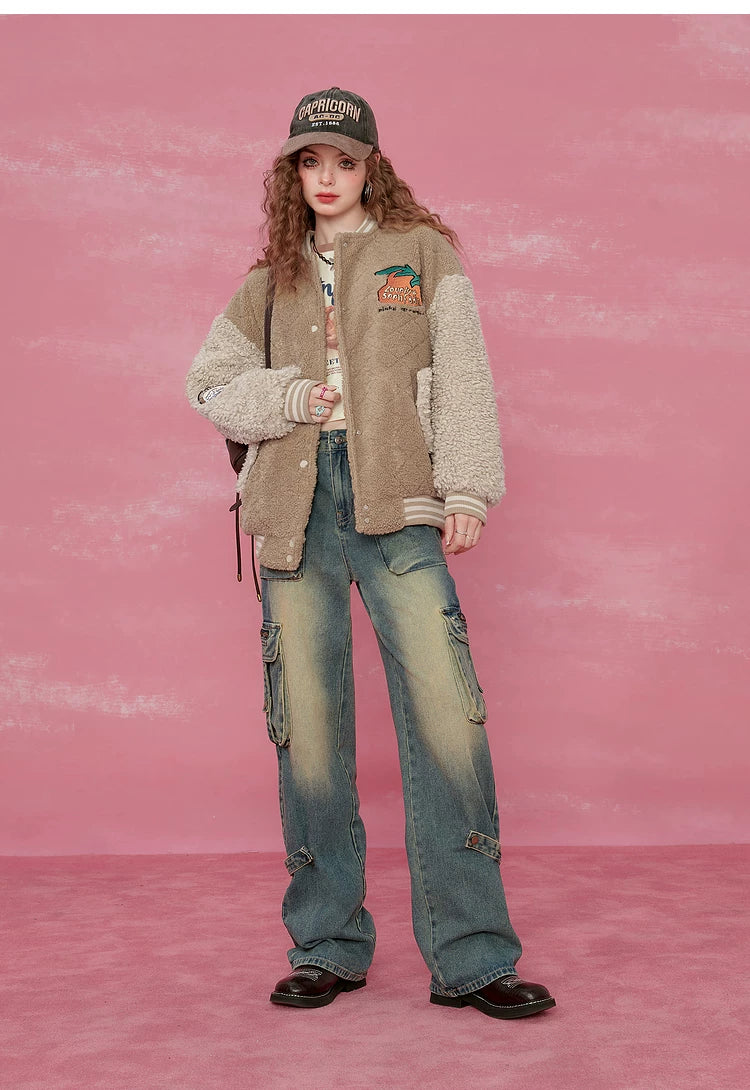 Colorblock Embroidery Fleece-Lined Baseball Jacket