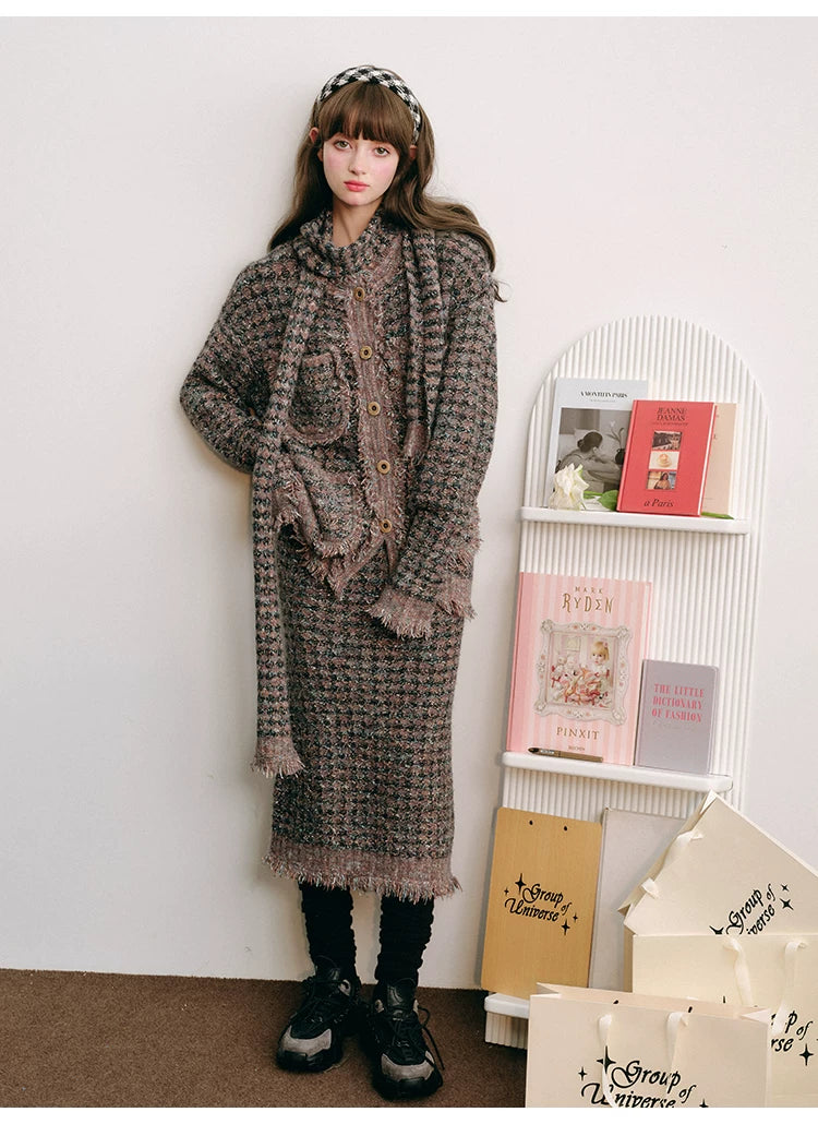Plaid Button Cardigan & Scarf & Long Skirt Setup
