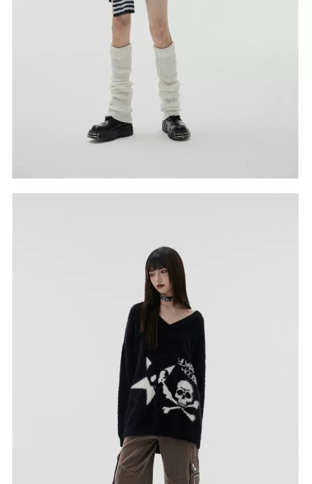 Mohair Skull Pattern Oversize V-Neck Knit Cardigan & Striped Scarf