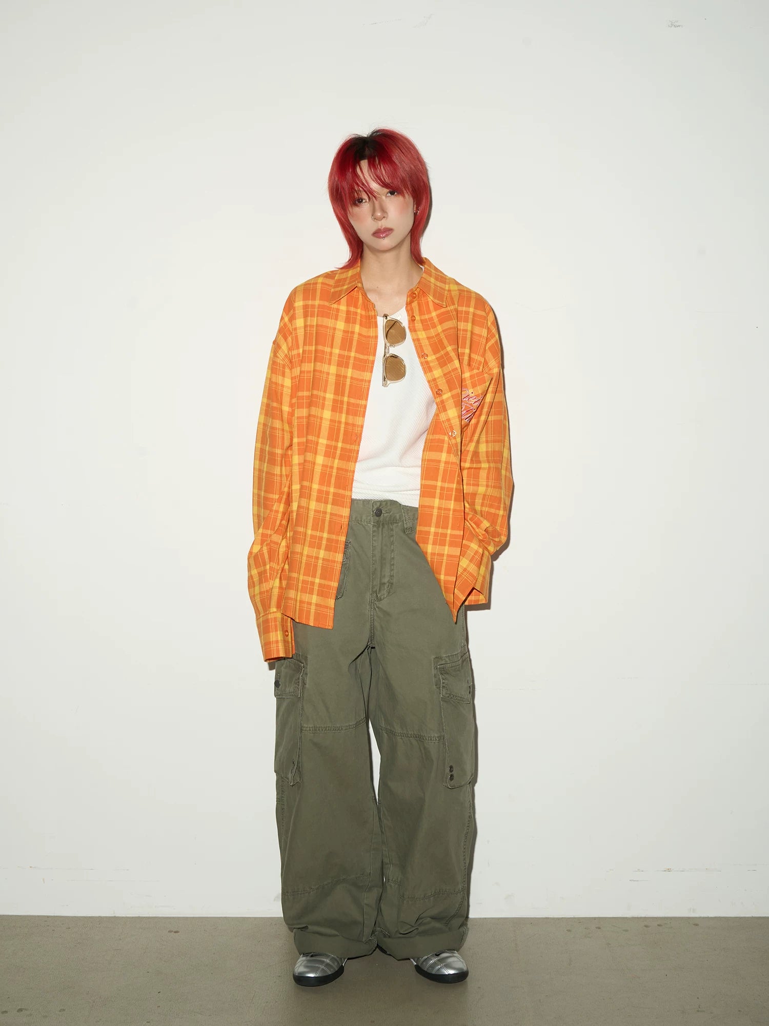 Plaid Embroidery Print Oversize Long Sleeve Shirt