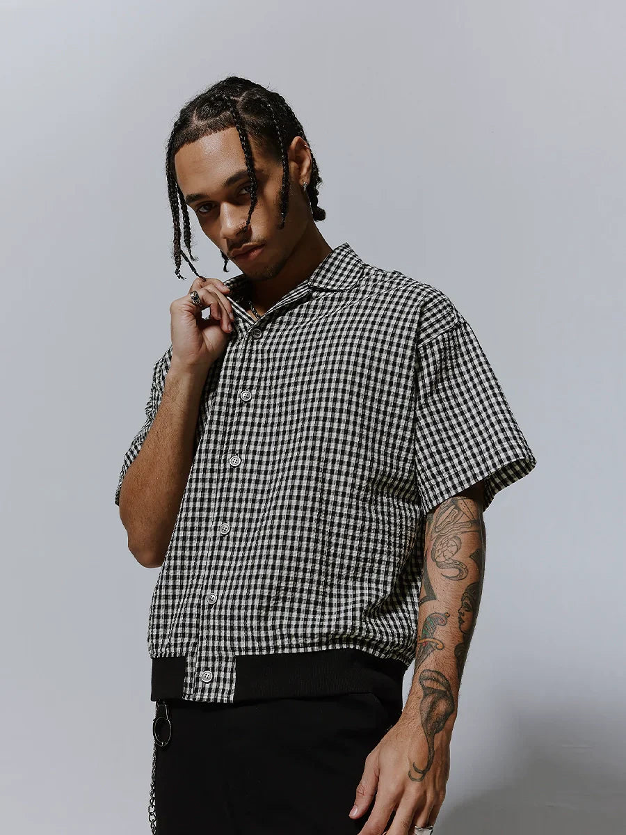 Plaid Oversize Ribbed Hem Turn-Do